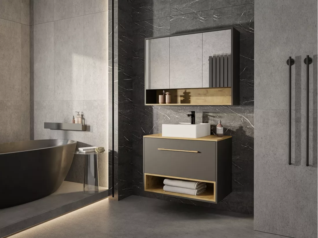 Meuble de salle de bain suspendu anthracite avec vasque à poser et armoire de toilette - 80 cm - YANGRA