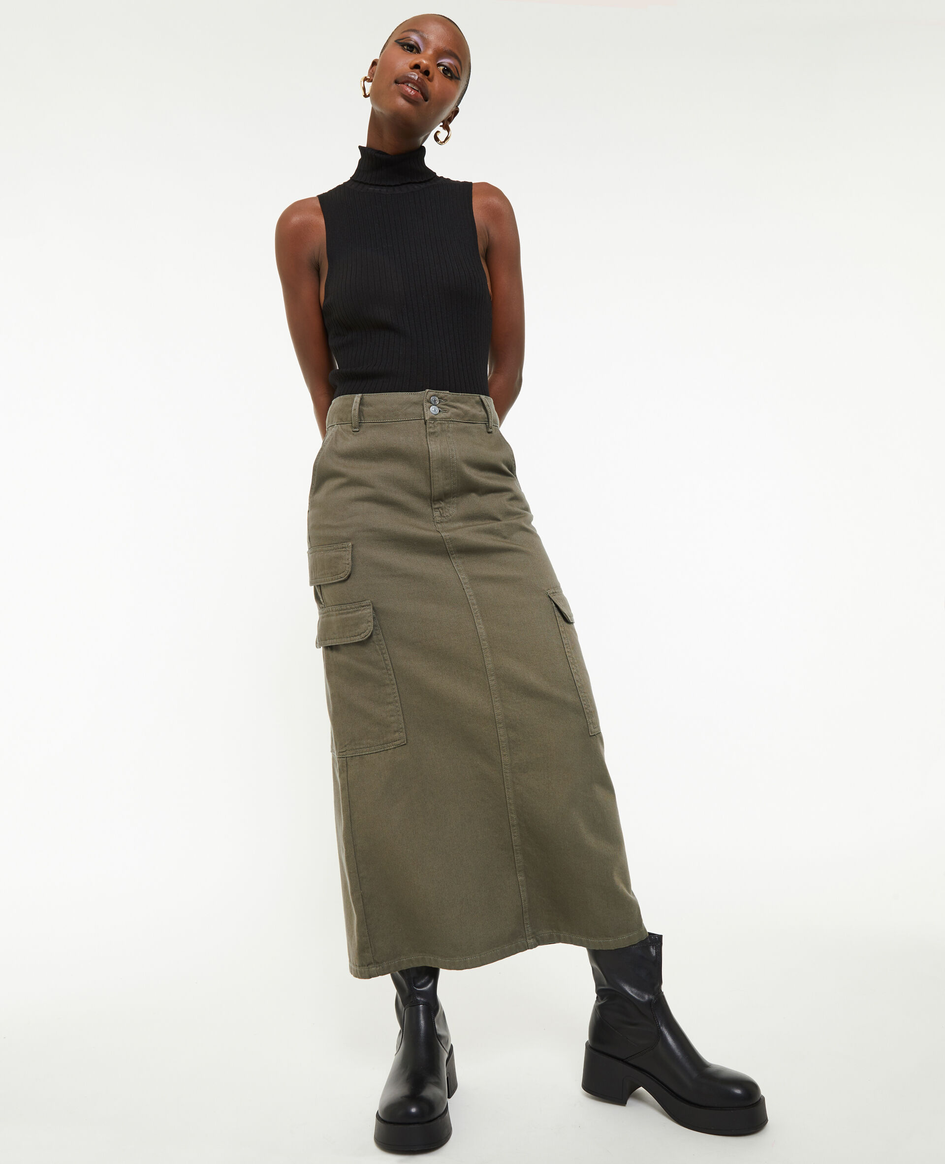 Jupe longue cargo en toile - Vert kaki