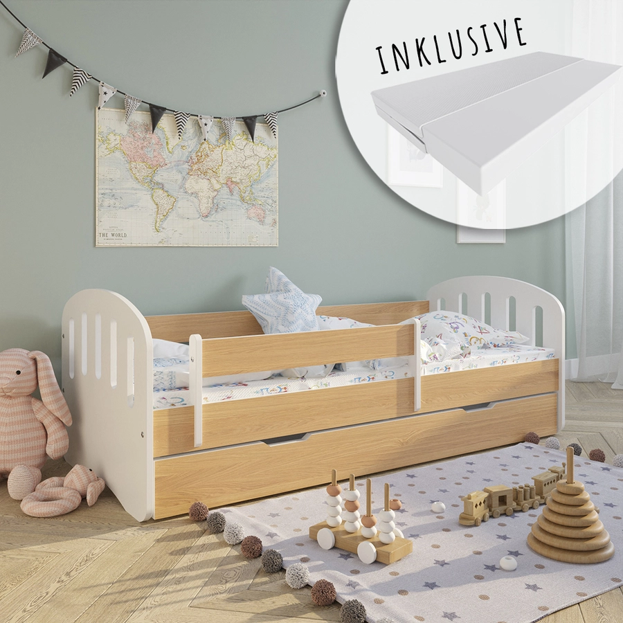 Kids Collective Kinderbett 80x160 | 80x180 mit Matratze, Rausfallschutz & Lattenrost helles Holz mit Schublade