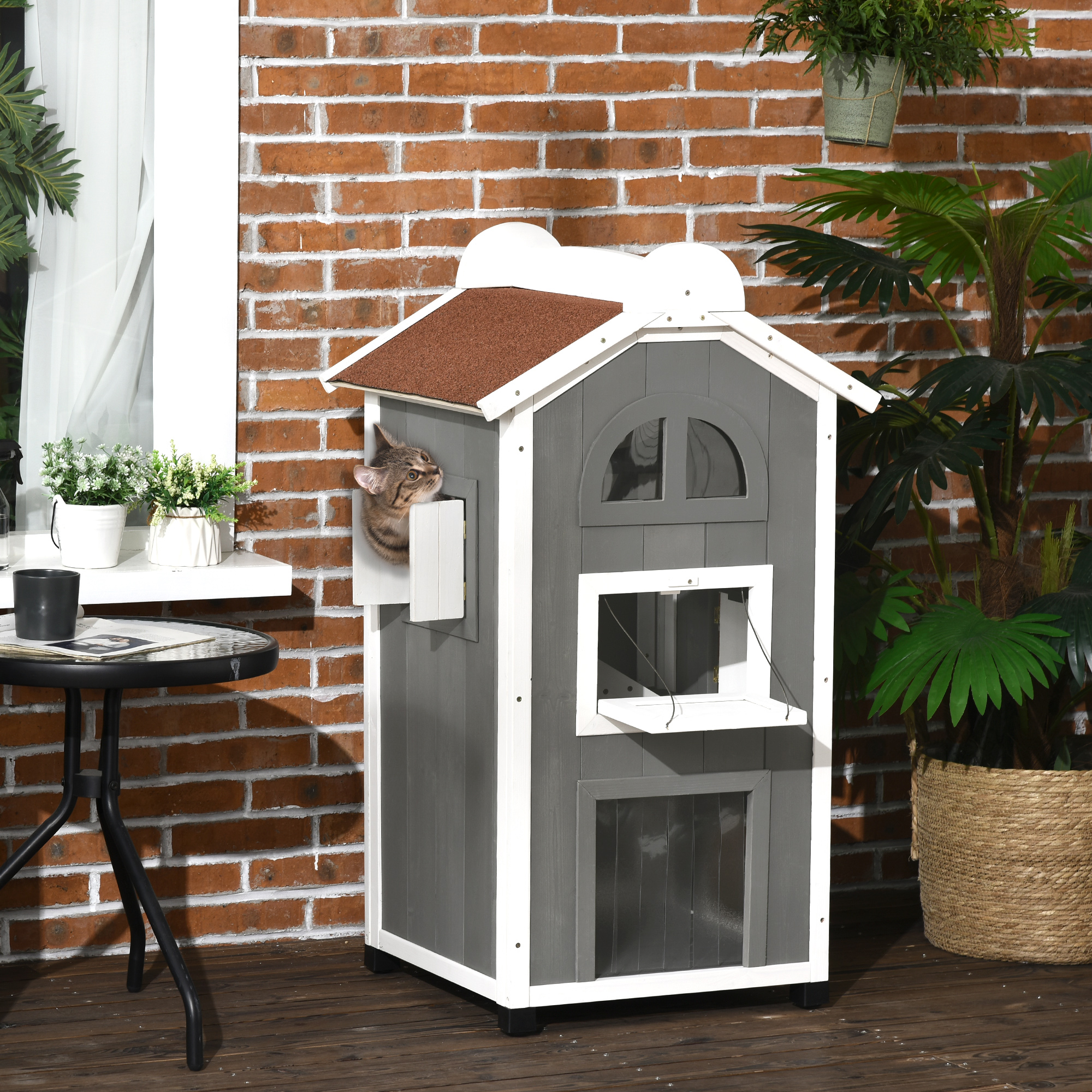 Casinha de madeira para gatos PawHut 59x55x109 cm
