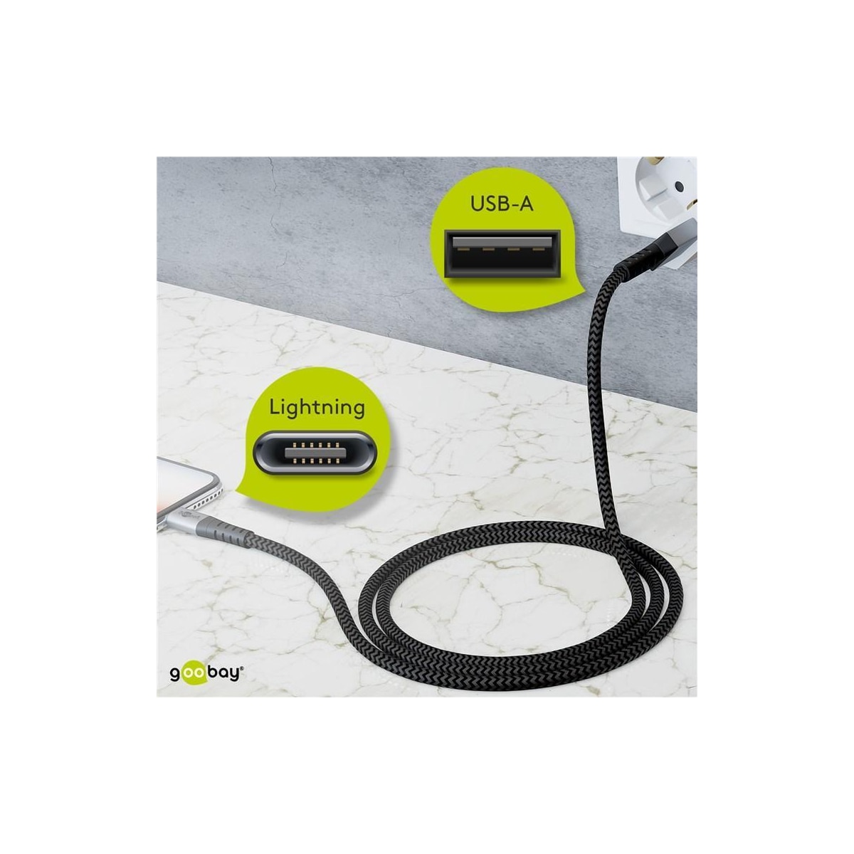 Goobay Lightning til USB-A Tekstilkabel med metallplugger (Space grå / sølv) 0,5 m