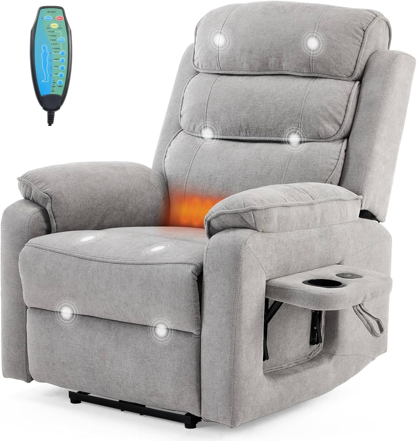 LEADZM Fernsehsessel Relaxsessel mit drahtloser Ladevorrichtung, 1 USB-Anschluss, 1 USB-C-Ladeanschluss, Liegen TV Sessel mit Massage Heizung, Seitentaschen, Getränkehalter (Hellgrau)