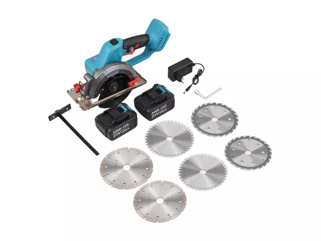 Scie circulaire 21 V à 6 lames, avec batterie 3,0 Ah, mini scie circulaire sans balais, adaptée à la coupe du bois (avec 2 batteries)
