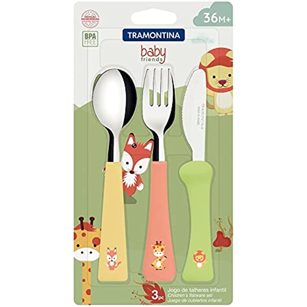 Jogo de Talheres Infantil Tramontina Baby Friends com L&acirc;minas de A&ccedil;o Inox e Cabos de Polipropileno Colorido 03 Pe&ccedil;as