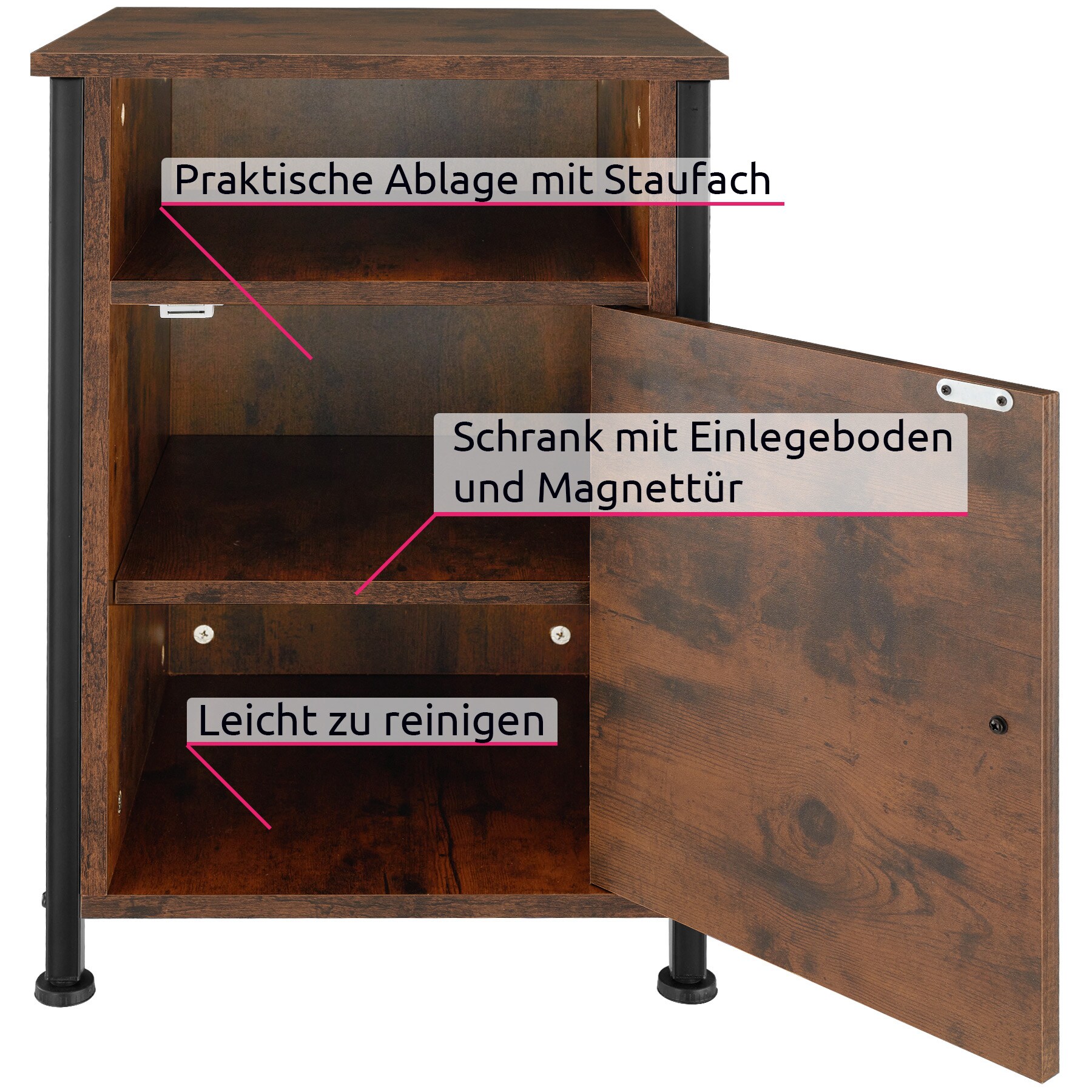 tectake® Nachttisch, Industrial Style, Ablage, offenes Staufach, Staufach mit Magnettür und Einlegeboden, 40 x 42 x 60,5 cm