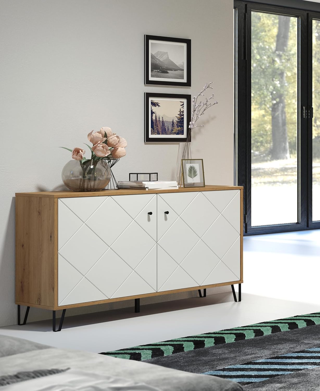 trendteam smart living - Touch - Sideboard - Artisan Eiche/Weiß - Kommode mit 2 Türen und 4 Fächern - (BxHxT) 123 x 76 x 40 cm - Wohnzimmerschrank mit modernen Metallfüßen - kratzfest