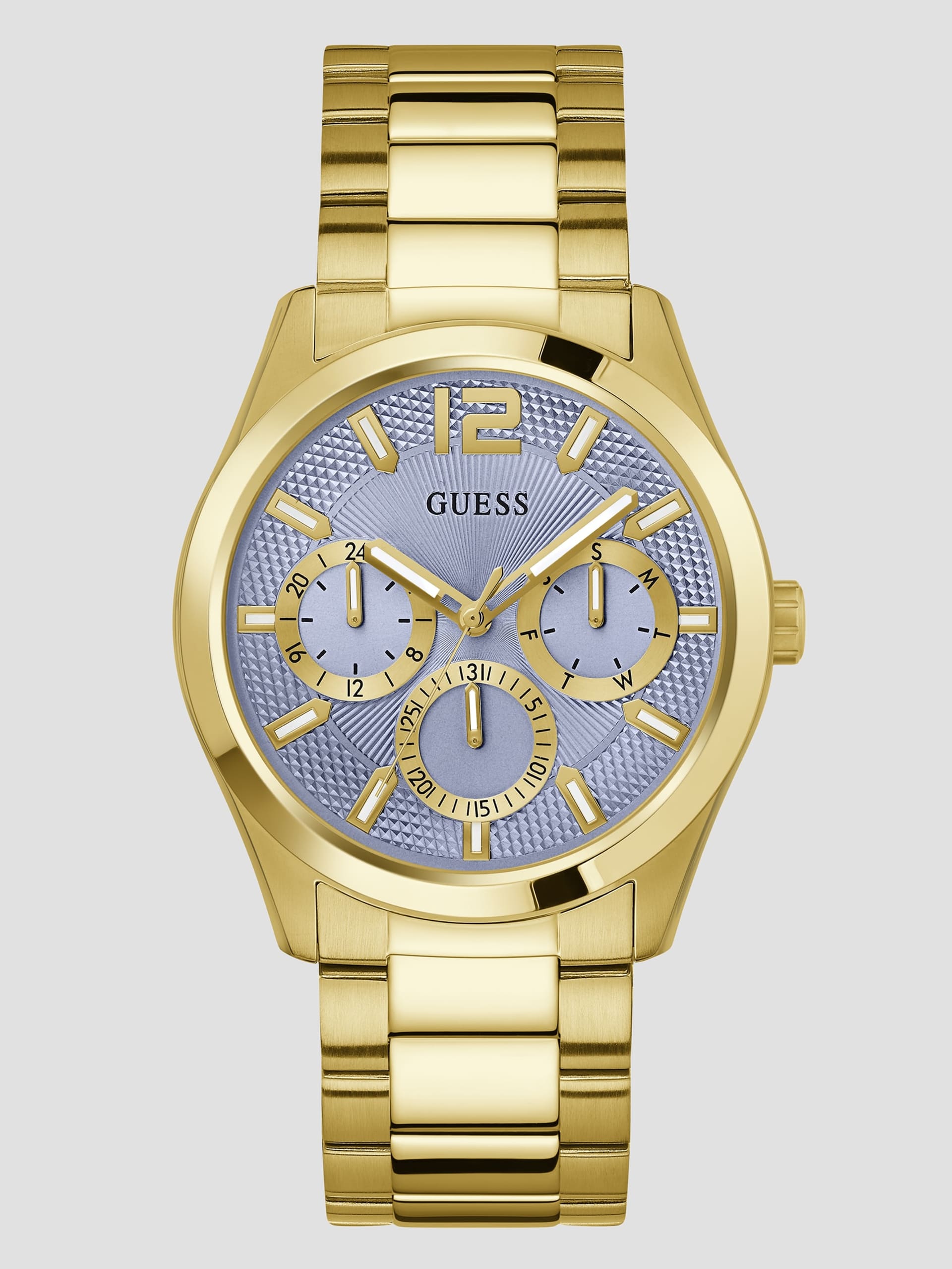 Relógio multifuncional dourado com detalhes texturizados em azul.