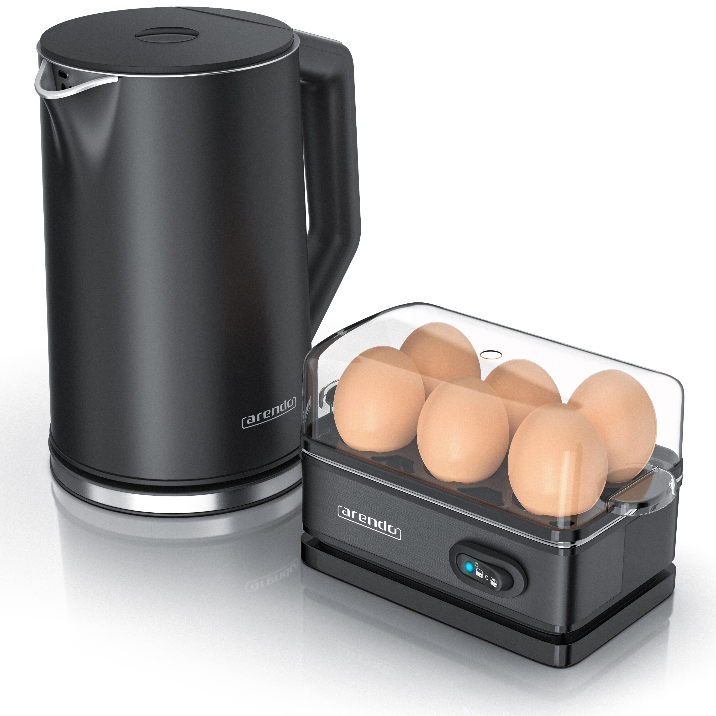 Arendo Frühstücks-Set Edelstahl Wasserkocher 1,5l, 6er Eierkocher, Schwarz
