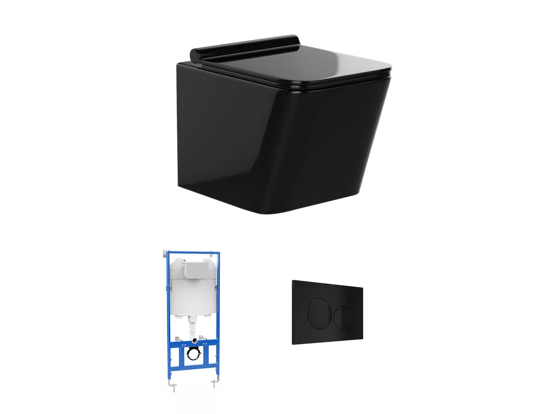 Pack WC suspendu en céramique noir brillant avec bâti-support et plaque de déclenchement ronde - CLEMONA