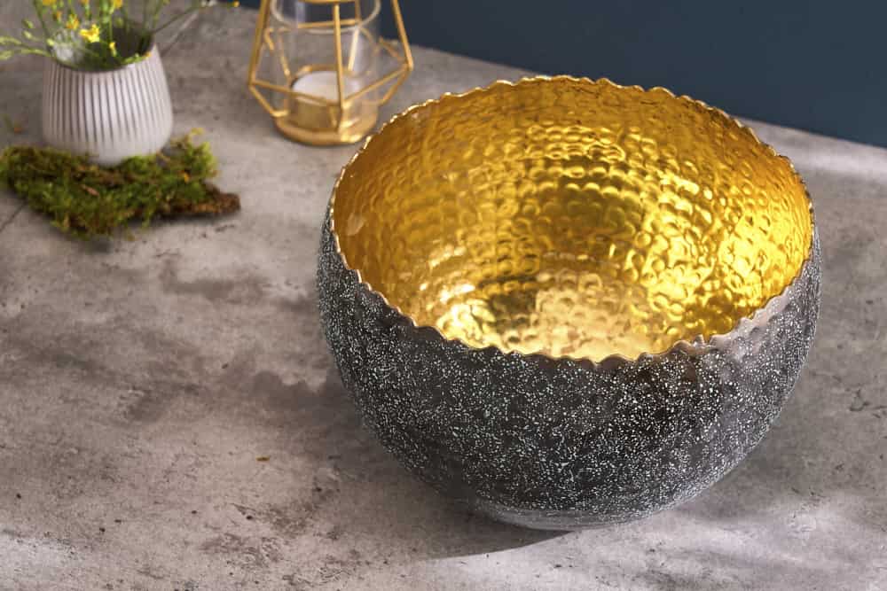 Handgearbeitete Deko Schale ORIENT 23cm silber mit Patina gold Hammerschlag Design
