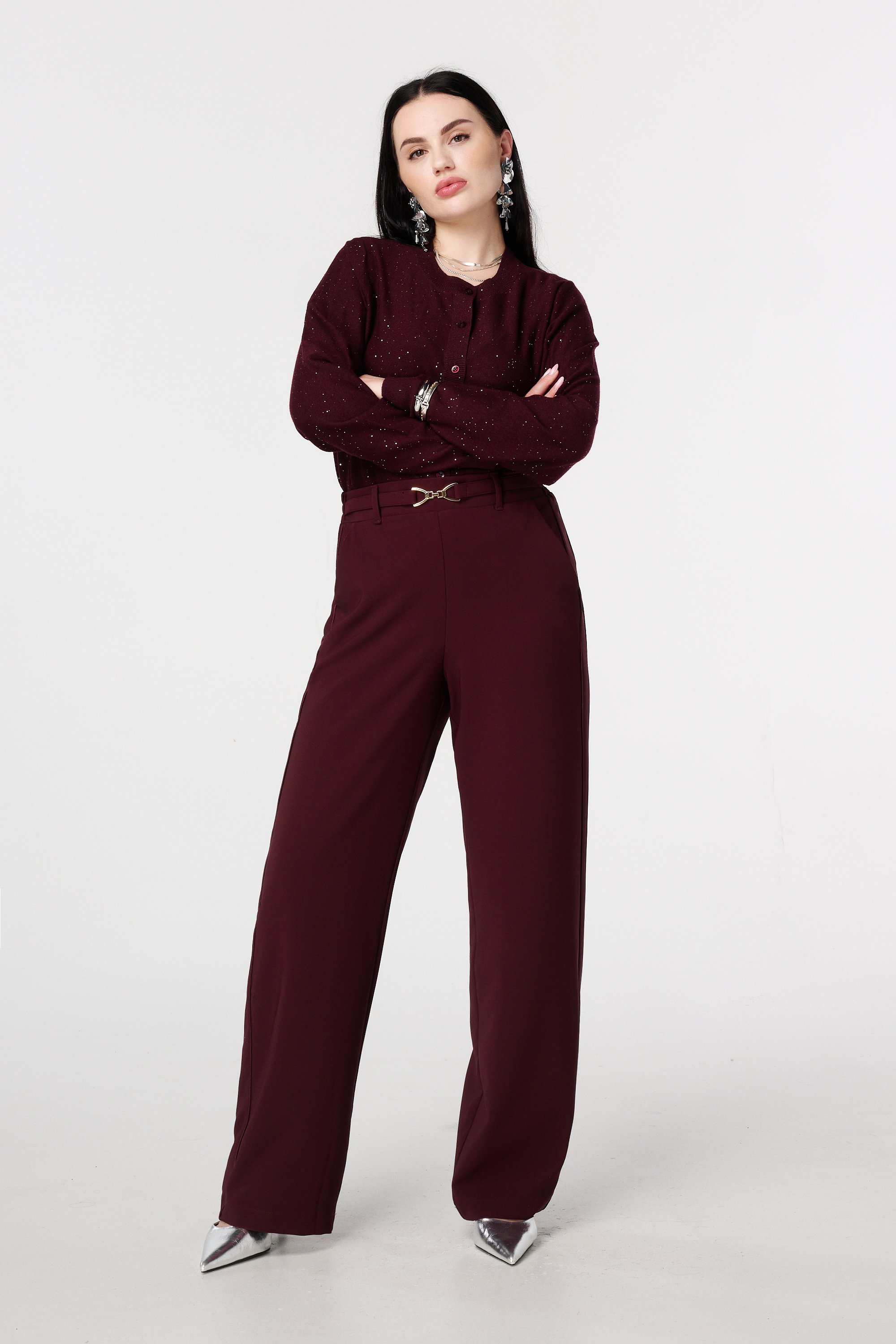 Fijn gebreid vestje met mini pailletten Bordeaux