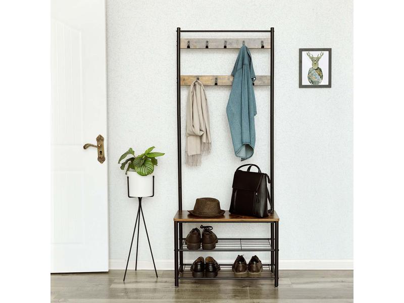 VASAGLE Garderobe mit Schuhablagen 175 cm, Braun/Schwarz Kleiderständer mit Sitzbank