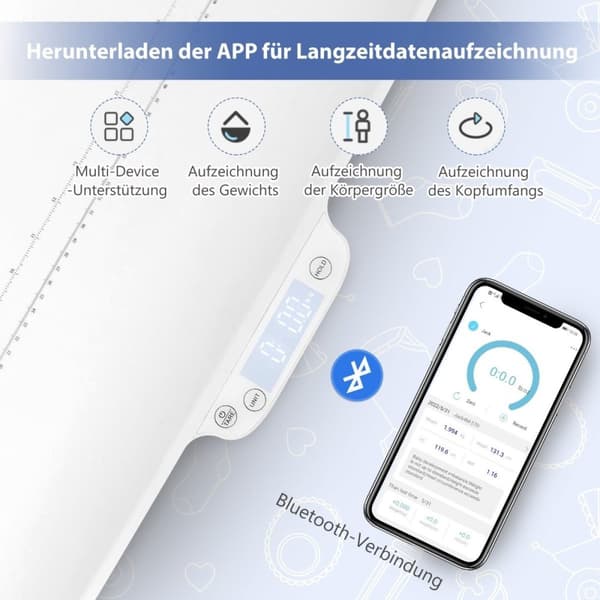 Høypresisjonsvekt for babyer og kjæledyr med intelligent APP-kontroll, hold- og tareringsfunksjon, hvit