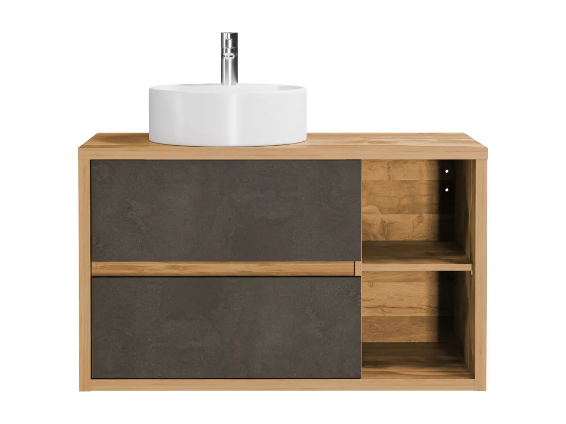 Meuble de salle de bain suspendu avec vasque ronde - Coloris naturel et anthracite - 100 cm - TIKITIKI