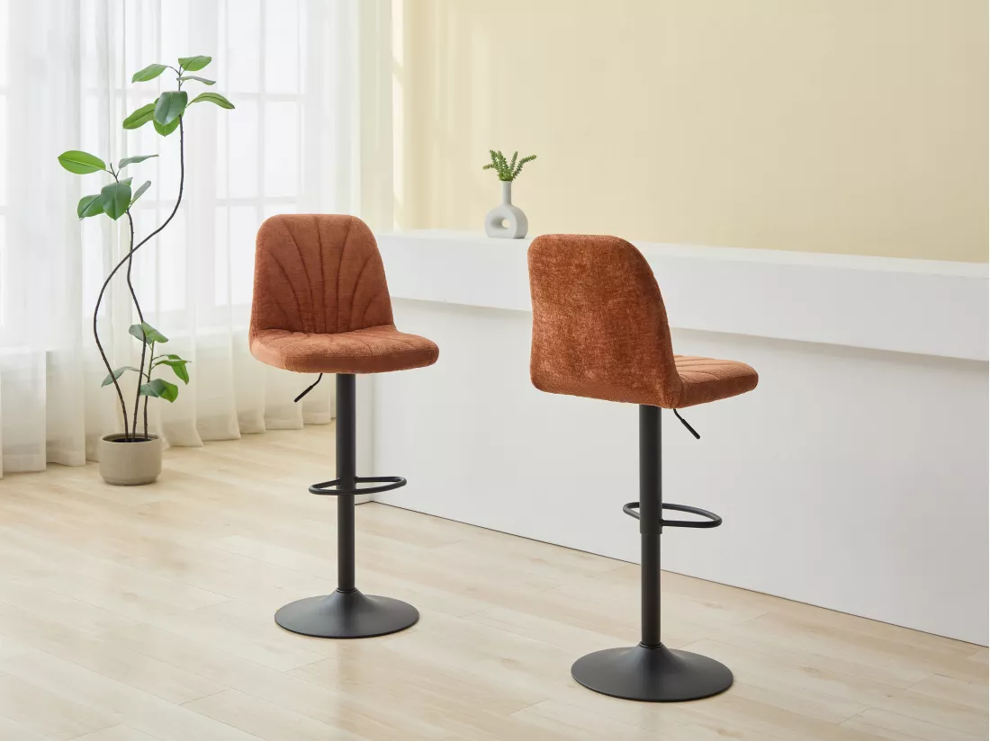 Lot de 2 tabourets de bar en tissu texturé et métal noir - Hauteur réglable - Terracotta - LASANDRIA
