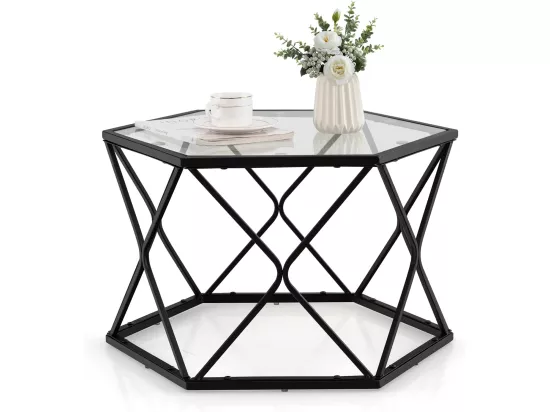Table Salon Basse avec Plateau en Verre Trempé, 65 x 56 x 40cm, Noir