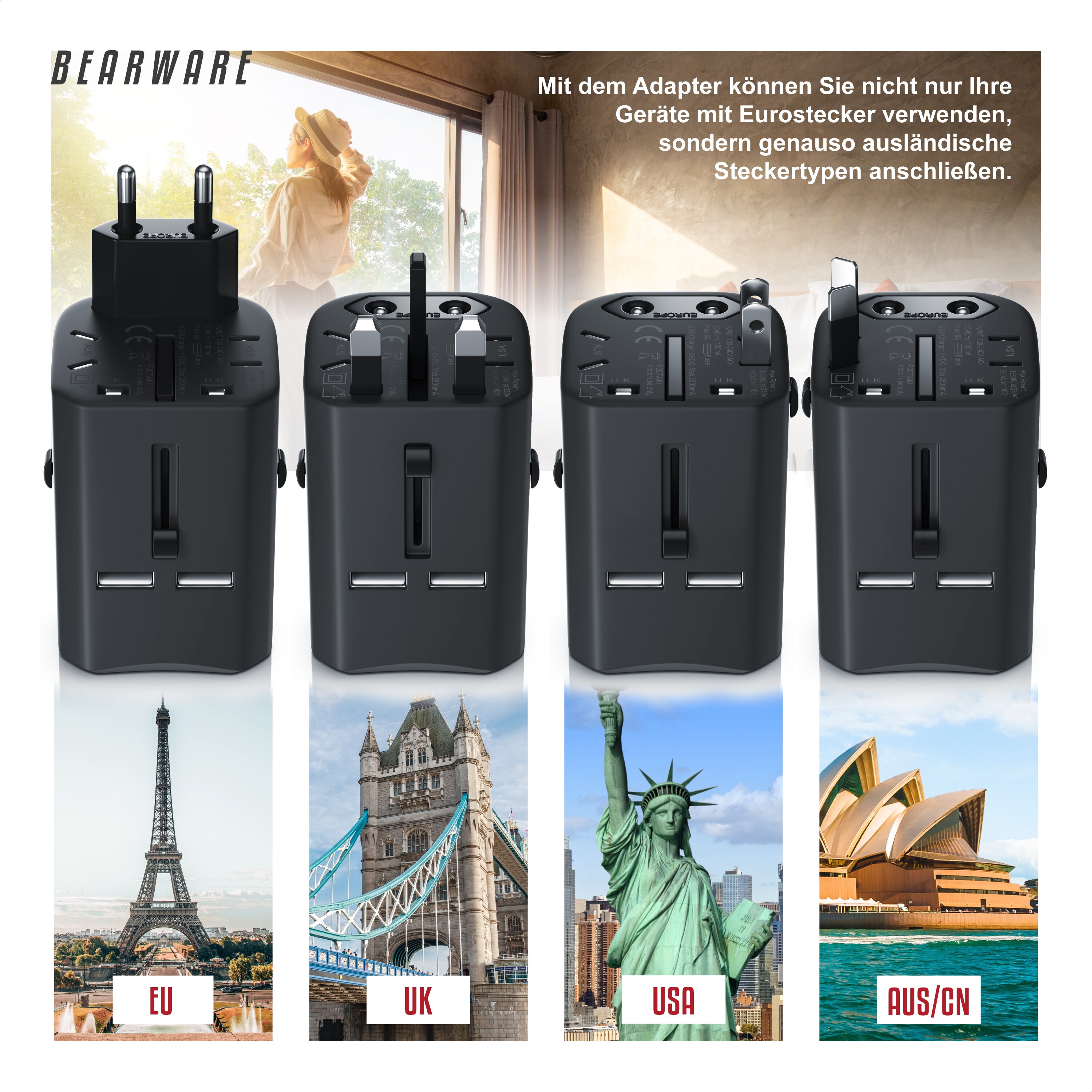 BEARWARE Universal Reiseadapter mit USB Ladestation für über 140 Länder/Regionen /2x USB Buchse