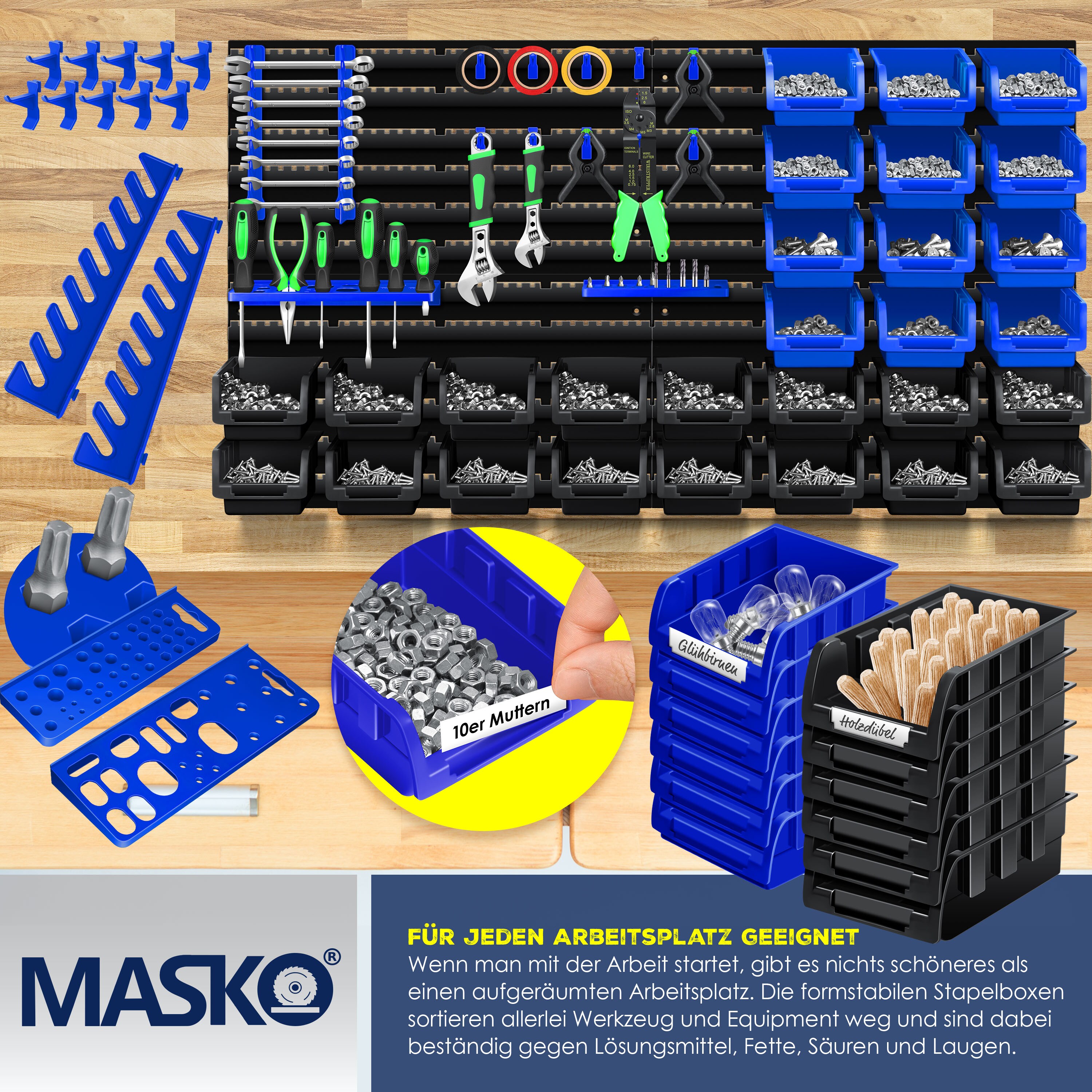 MASKO® Wandregal + Stapelboxen + Werkzeughalter | 45 tlg Box | Erweiterbar | Werkstattregal Lagerregal Steckregal Set Box | Sichtlagerkästen | Kleinteilemagazin | Sortimentskasten | Werkstatt |
