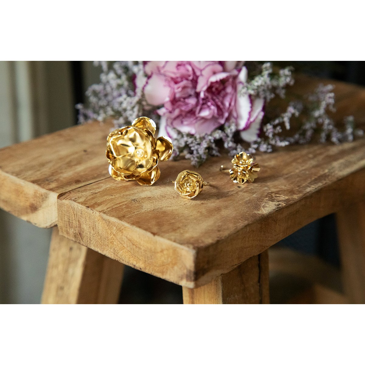 bague trio fleurs doré à l'or fin - AGLAÉ