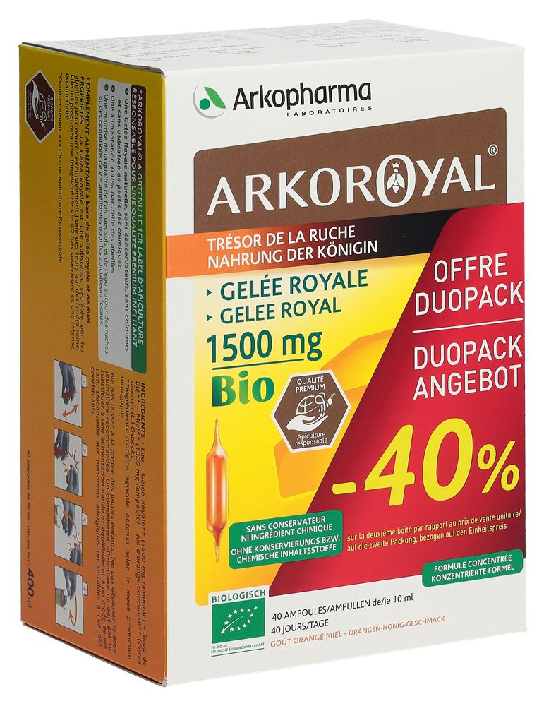 ARKOROYAL Gelée Royale 1500 mg<br>2 × 20 Stück, Trinkampulle, Bio Duo