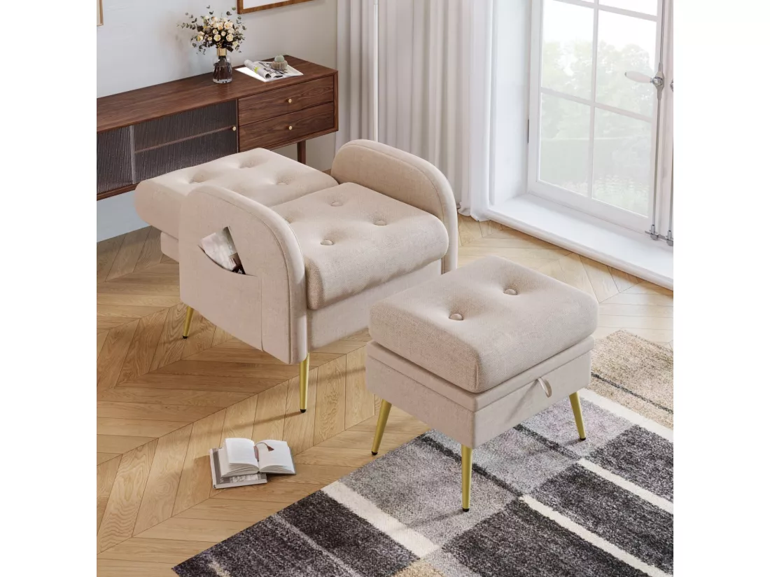Fauteuil en tissu polypropylène, avec pouf de rangement, dossier réglable en 3 niveaux, 68x77x85cm, Beige