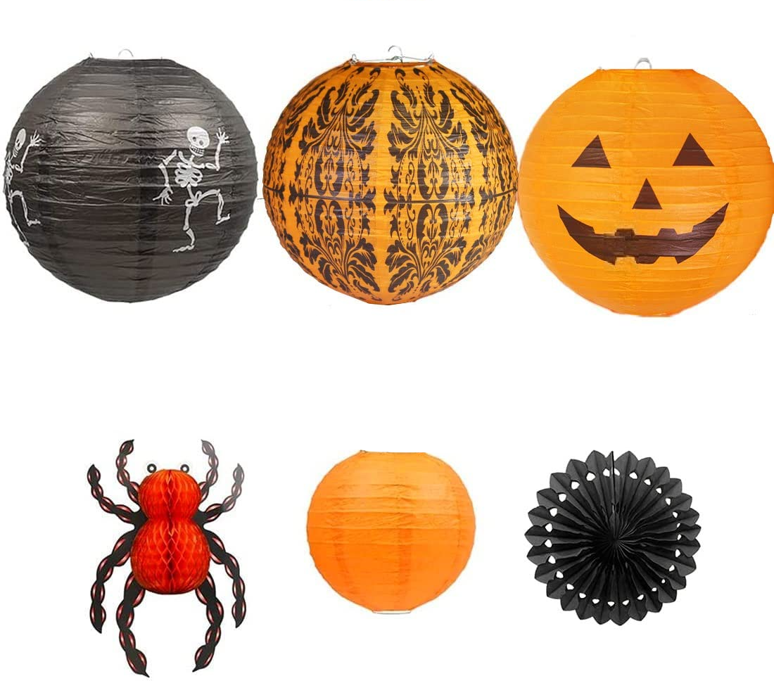 (12-tlg. Set) Halloween Party Dekoration Grusel Accessoires inkl. Lampion / Papier Fächer / Waben Spinne - Orange / Schwarz
