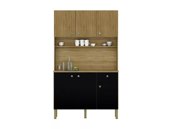 Buffet de Cuisine 6 Portes 1 Tiroir Chêne et Noir 7 Niches L 111 H 185 P 39.3 cm