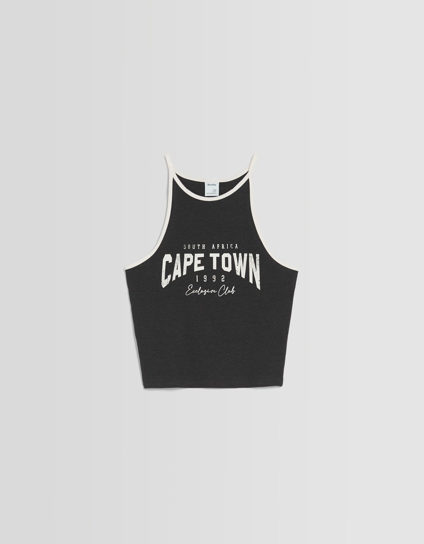 Camiseta canelada com estampa e alças finas
