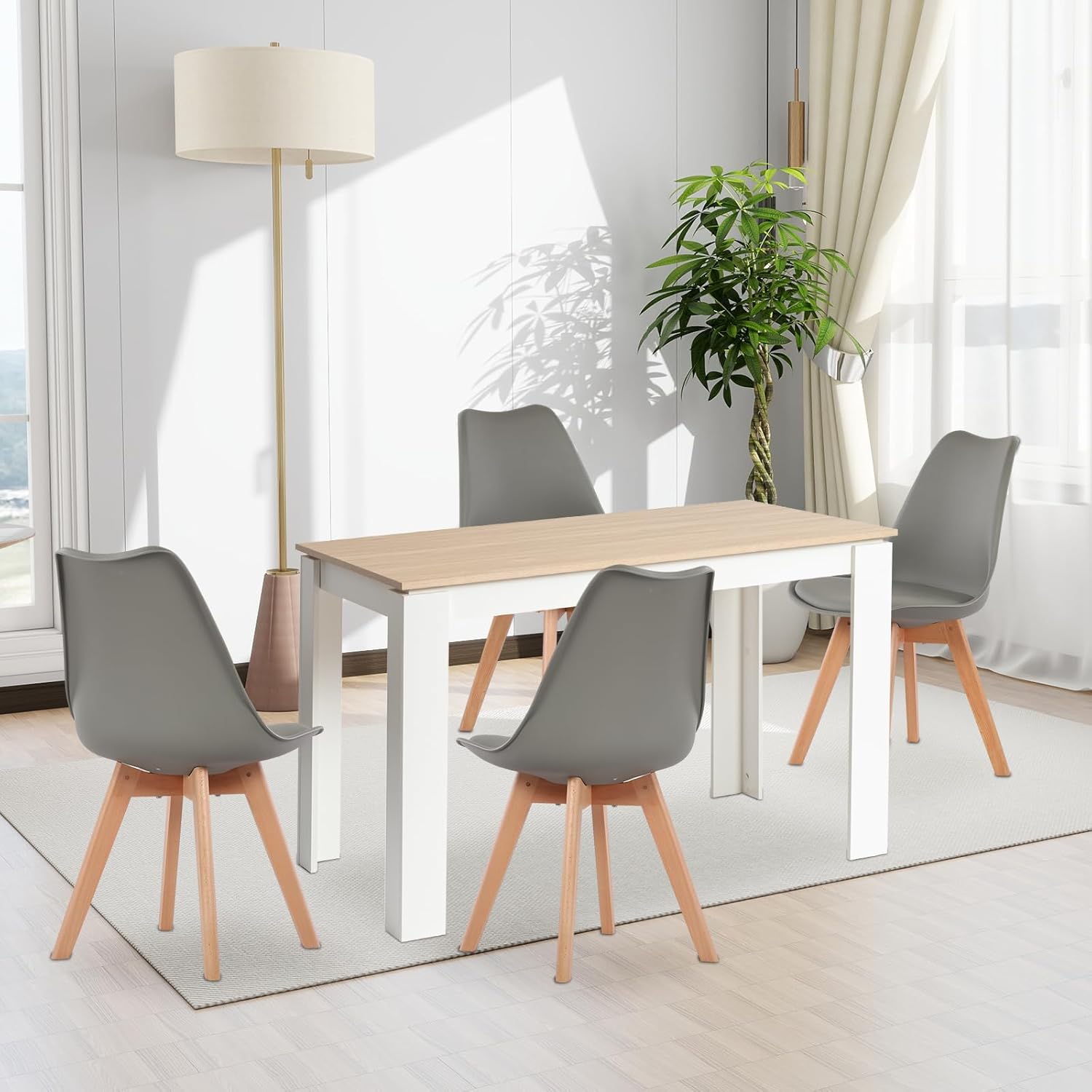 Esstisch mit 4 Stühlen Esszimmergruppe, 4er Set Esszimmerstühle und 120CM Rechteckig Holztisch Essgruppe für Wohnzimmer Küche Büro (Eiche-Weiß Tischbein Tisch+4 Grau Stühle)