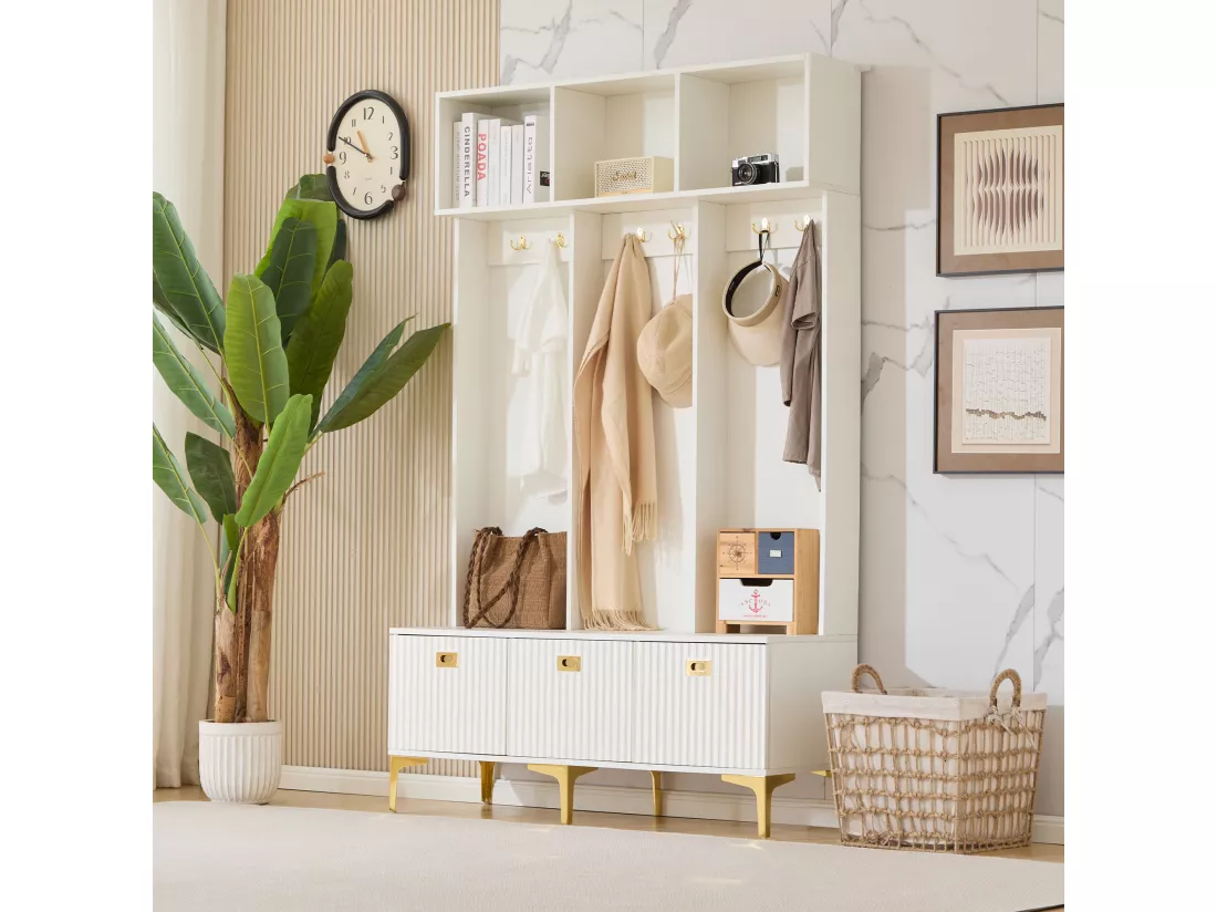 Vestiaire d'entrée moderne - avec porte-manteau et rangements à chaussures - Blanc