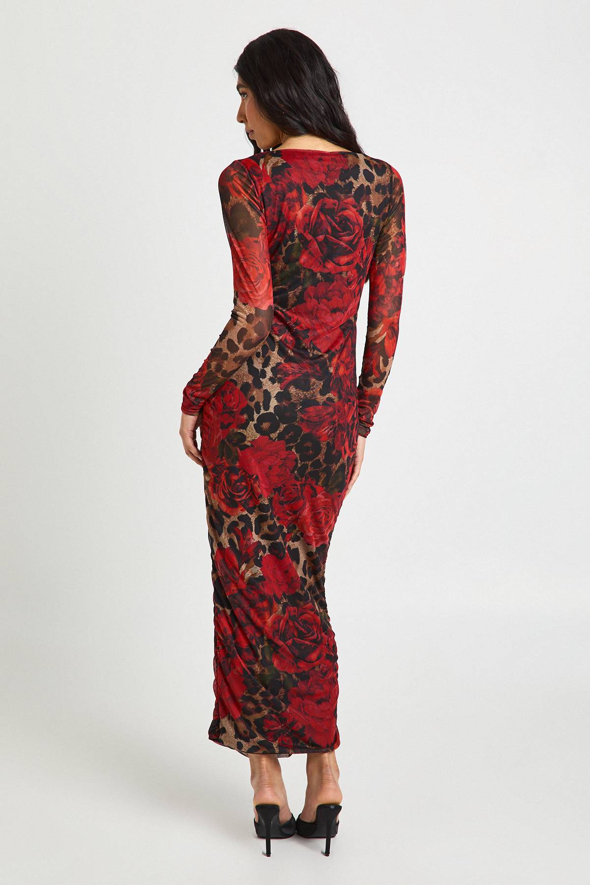 boohoo Robe Mi-Longue Tall à Imprimé Léopard Floral en Mesh avec Encolure Carrée et Fronces