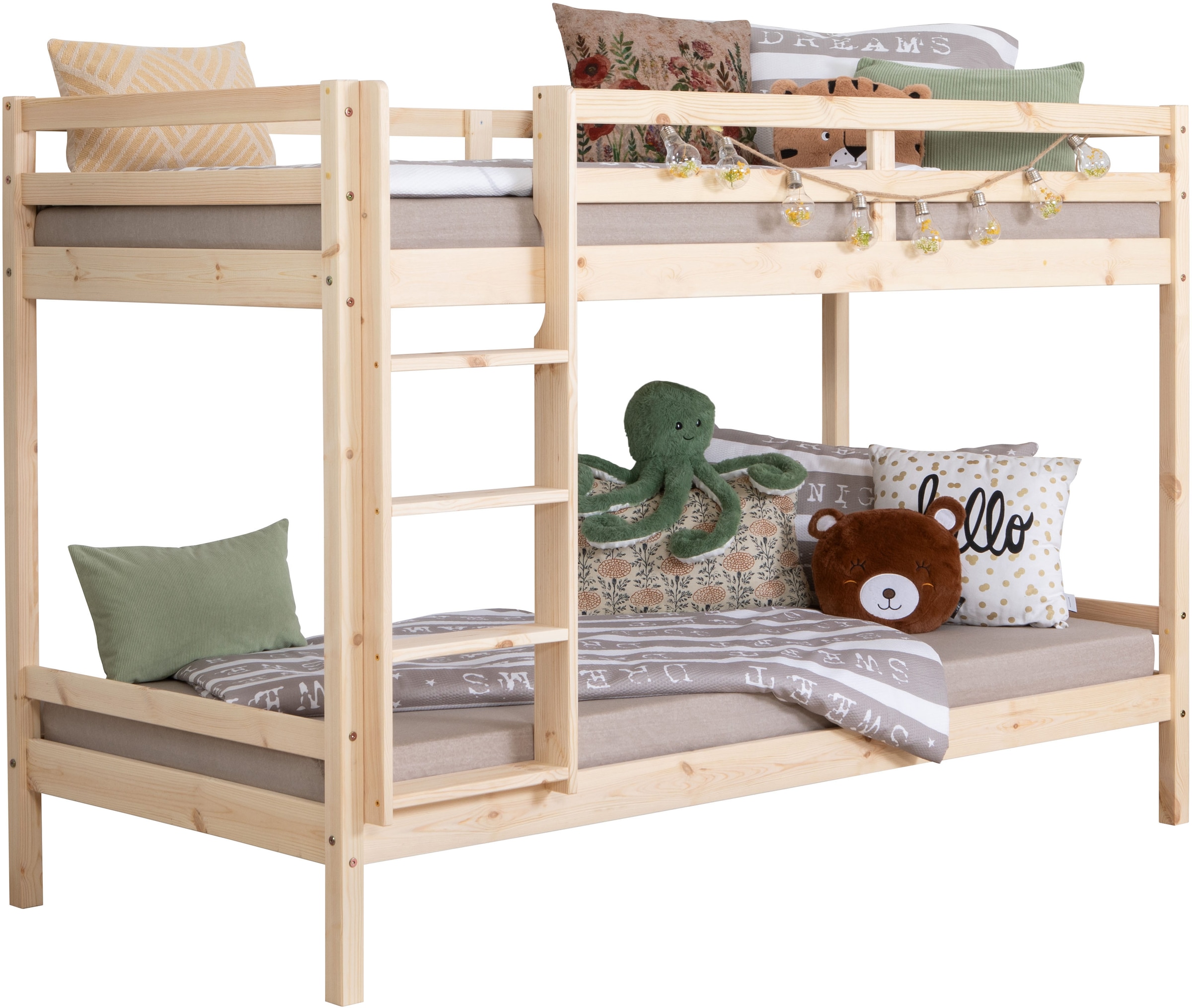 Ticaa Etagenbett »René, Hochbett, Stockbett, TOPSELLER! 2 Farben, Schubkasten optional« 90x200cm,  FSC® zertifiziertes Massivholz, mit Trittleiter + Rundum-Absturzschutz