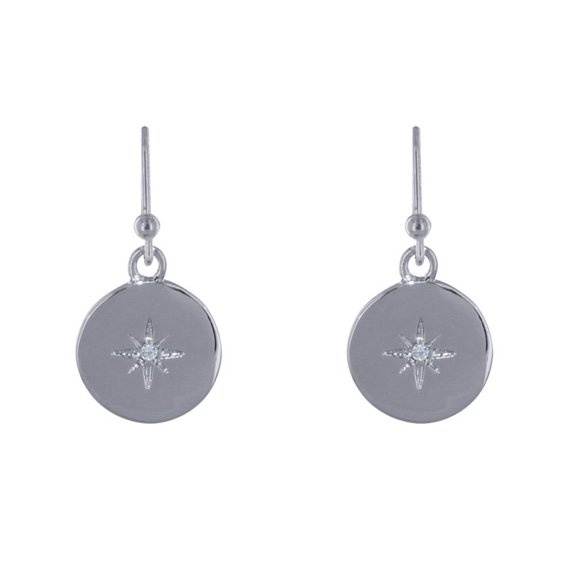Boucles d'Oreilles Argent Rhodié Médaille Ronde Etoile Polaire et Strass