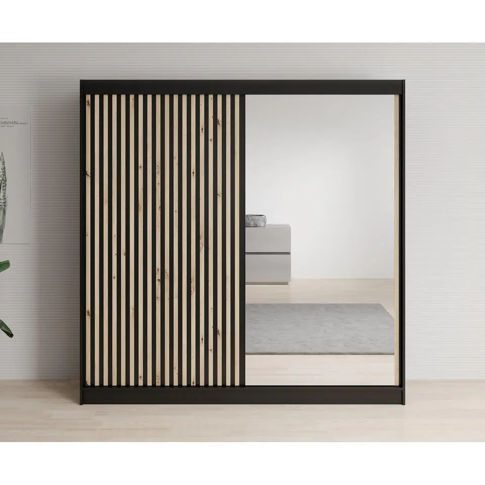 Meubella - Kledingkast Lisbon 2 - Zwart - 200 cm - Met spiegel