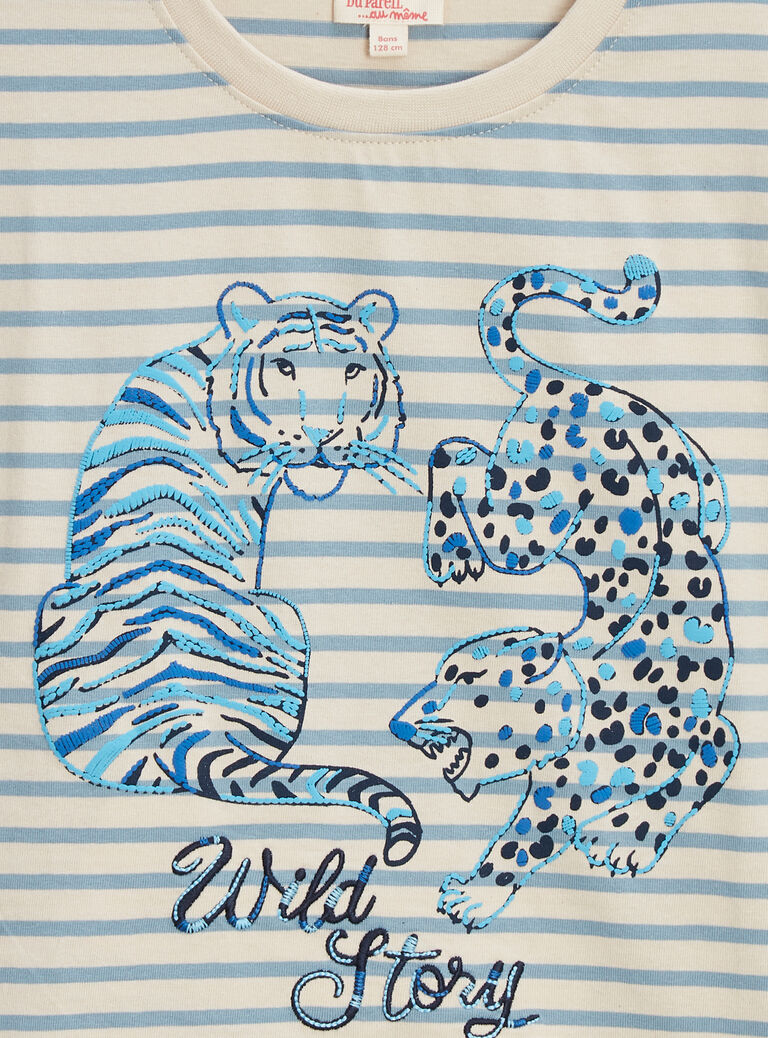T-shirt bleu rayé animation tigre pour garçon