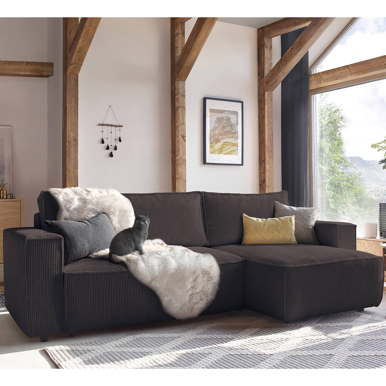 Bobochic Canapé d'angle convertible reversible Nihad en velours côtelé marron - 282x153  cm