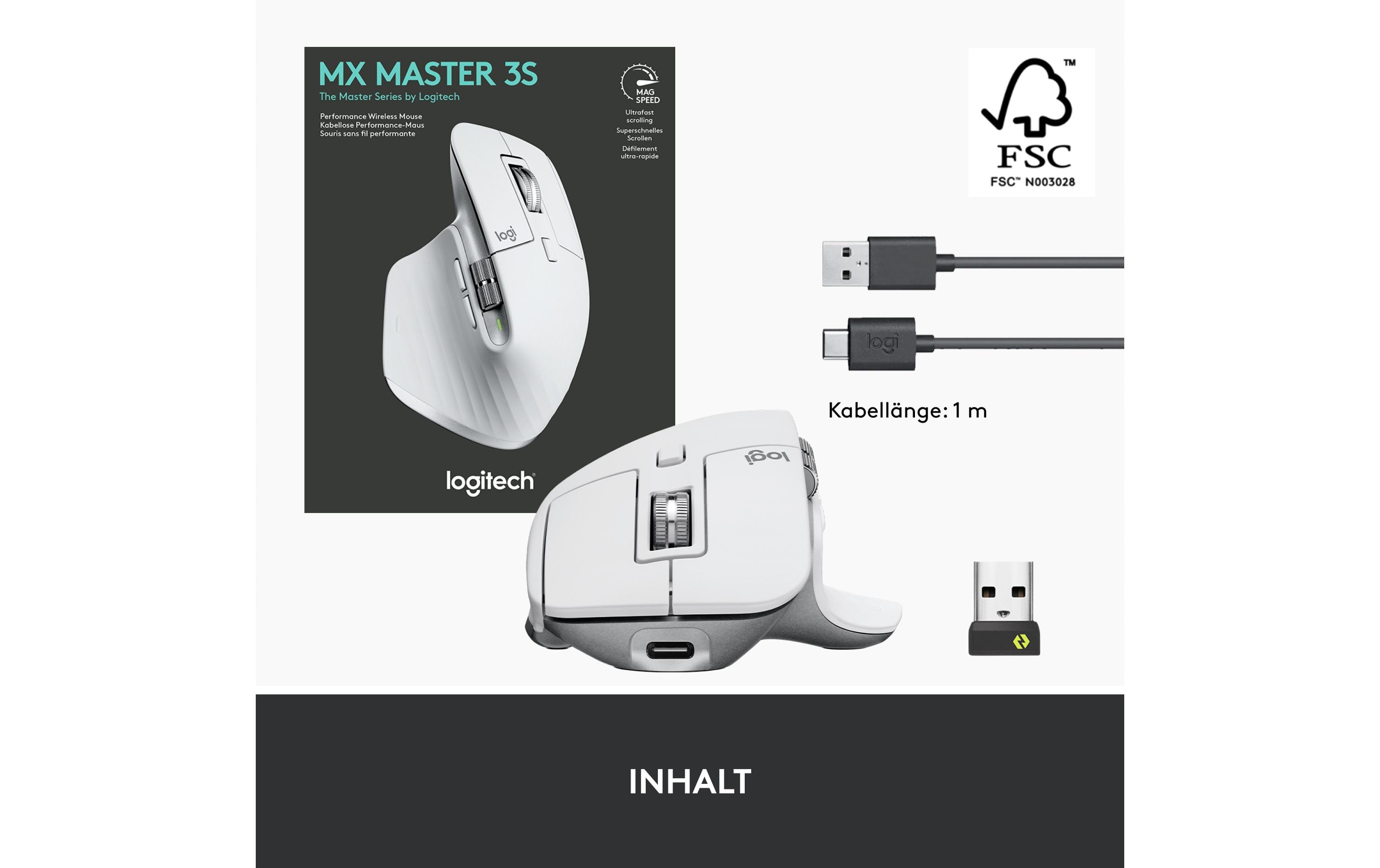 Maus MX Master 3S Pale GreyKabellose Präzisionsmaus mit «Logitech Flow»-Technologie und leisen Klickgeräuschen