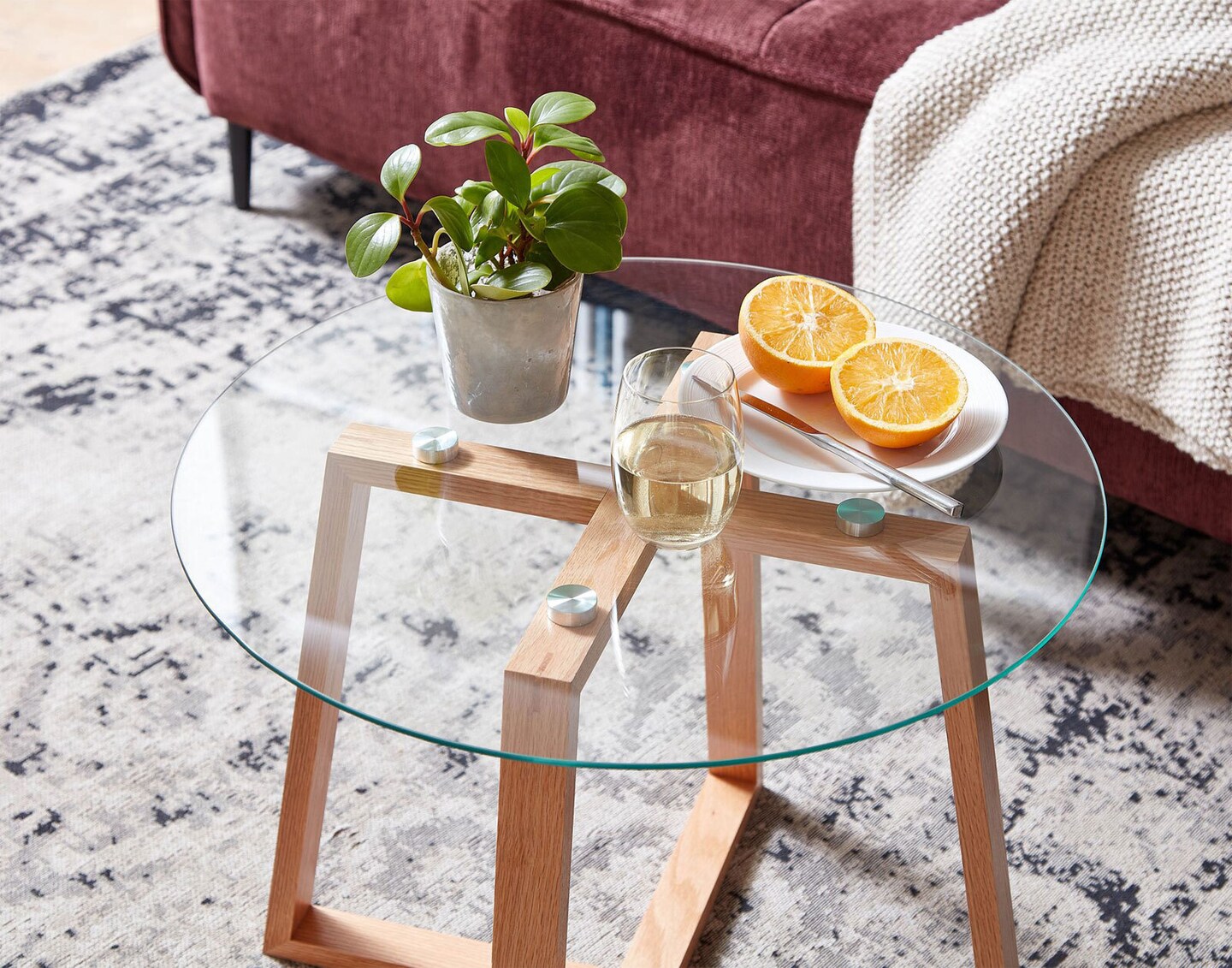 Couchtisch rund 58 cm Eiche massiv/Klarglas
