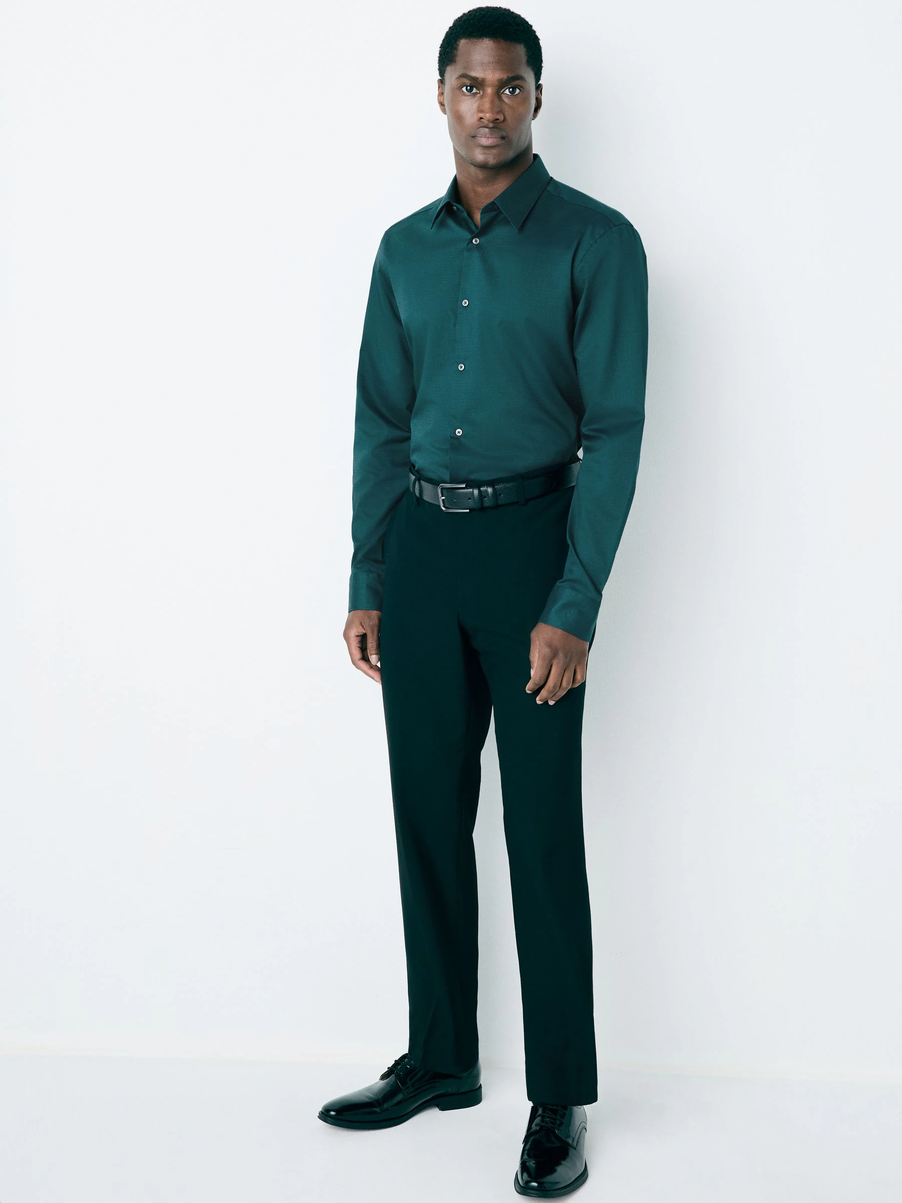 Blauwgroen - Normale Pasvorm - Onderhoudsvriendelijk, getextureerd, slim fit overhemd met enkele manchet