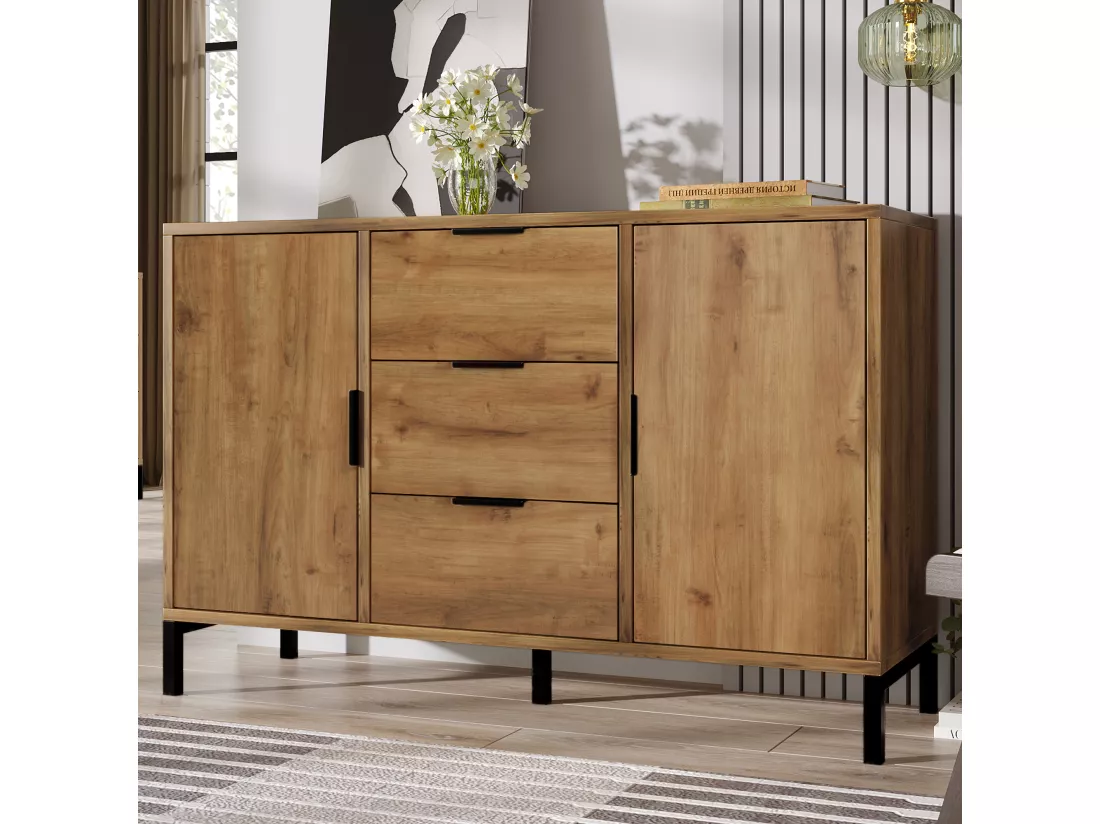 Buffet effet bois chêne foncé style industriel 2 portes 3 tiroirs 120x40x76cm OMNAERS