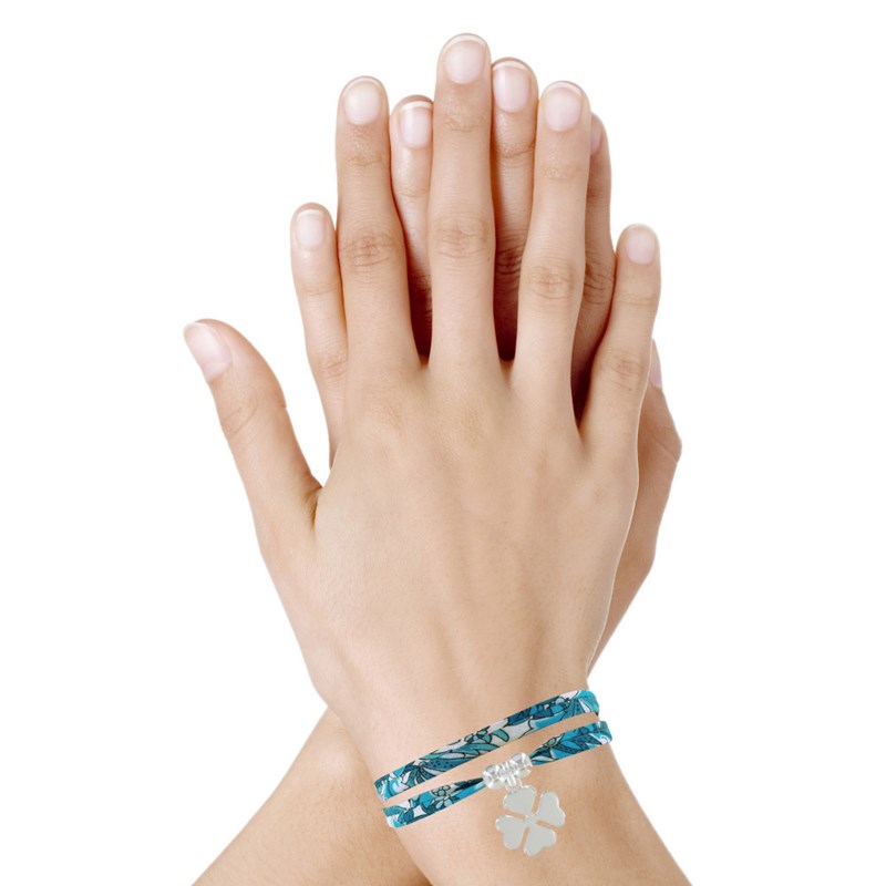 Bracelet Double Tour Lien Liberty et Trèfle Argent - Colors - Turquoise