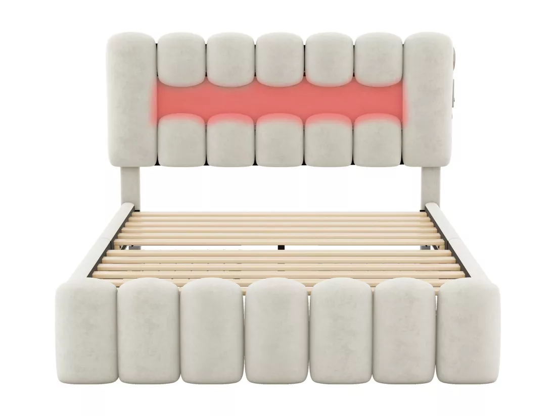 Lit capitonné 140 x 200, lit capitonné avec 4 tiroirs, lit capitonné avec bande lumineuse LED avec USB et stéréo, blanc