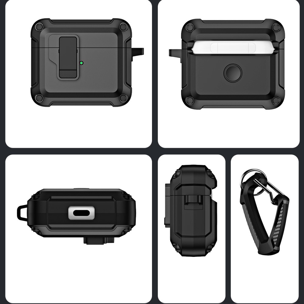 AirPods (3. Generation) Hybrid Hardcase Schutzhülle mit Verschluss   Karabinerhaken - Schwarz / Grau
