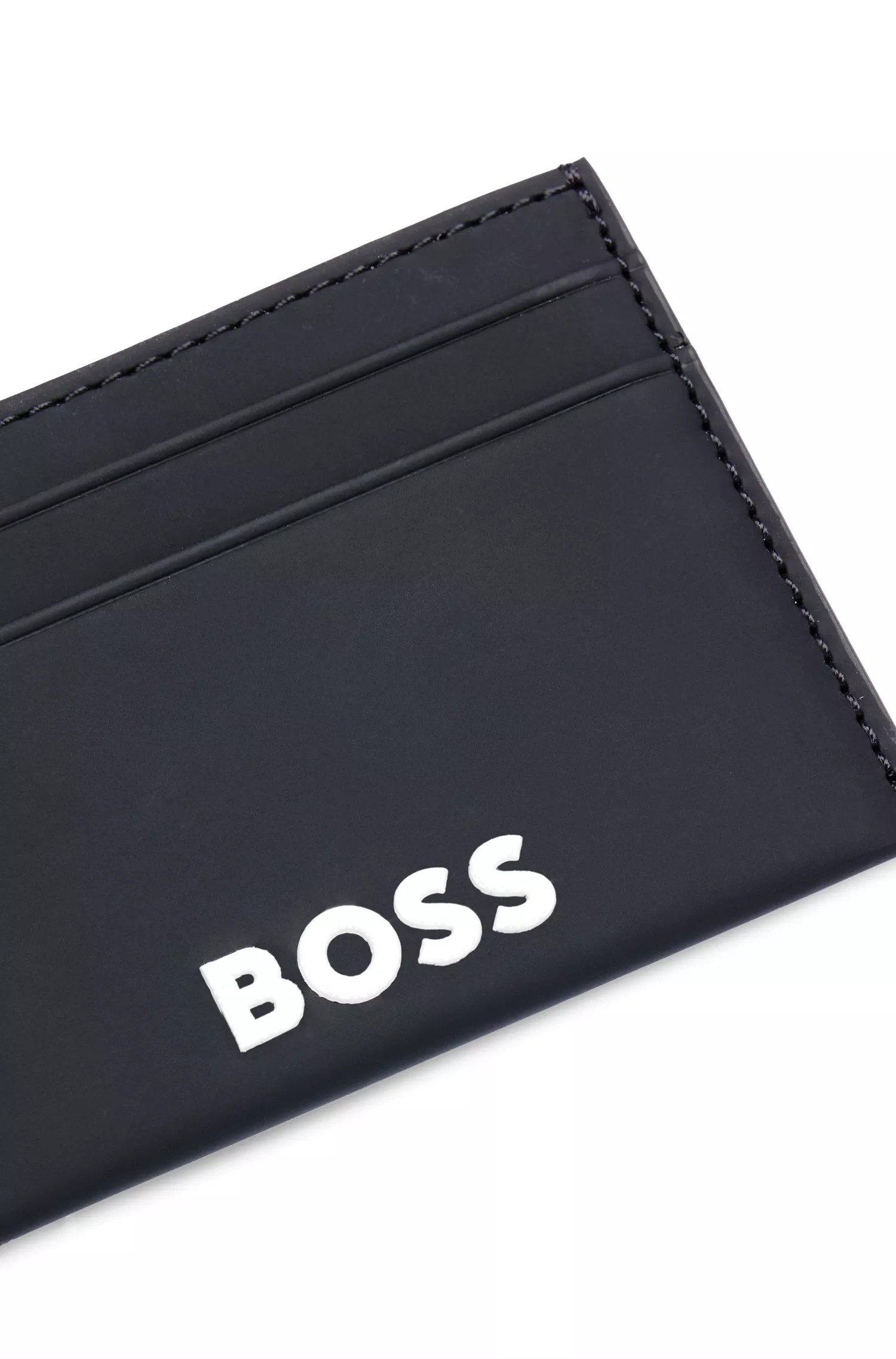 Porta-cartões BOSS em couro sintético preto com logotipo contrastante.