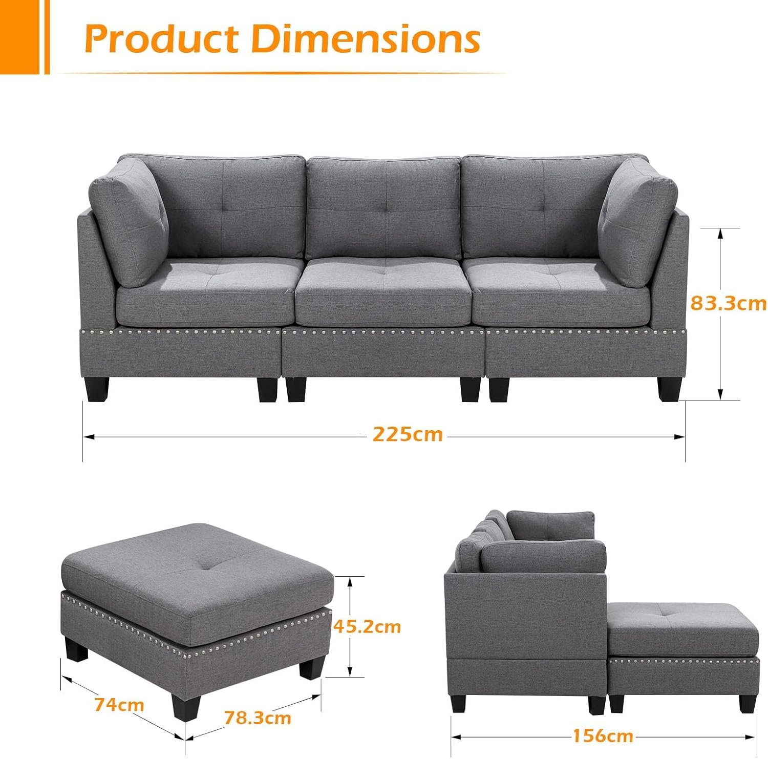 YODOLLA Ecksofa mit Schlaffunktion, L-Form Sofa Couch mit Bettkasten freistehend, 3-Sitzer Eckcouch, Schlafsofa für Wohnzimmer, Grau (Hocker Flexible beweglichkeit)