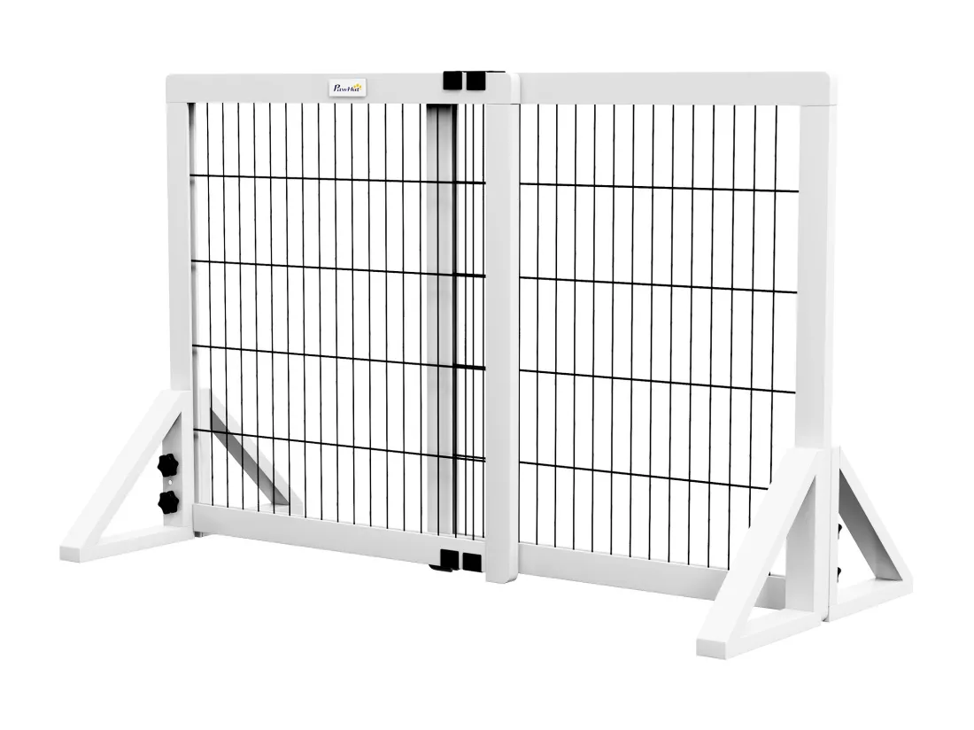 Barrière de sécurité pour chien, barrière de protection à 2 panneaux largeur réglable 63-106L x 44l x 67H cm, barrière pour escalier, porte, couloirs, en bois de pin et acier, blanc