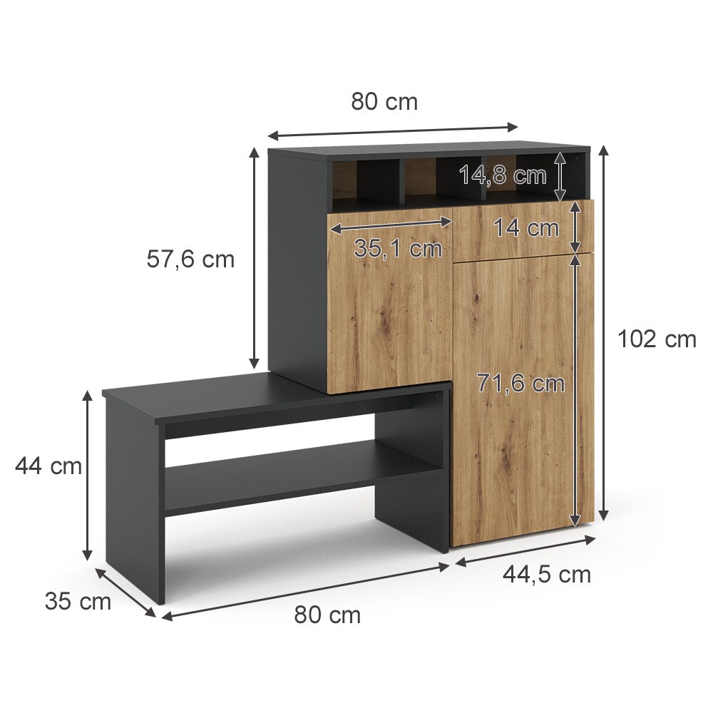 Vicco Schuhregal Flurregal Schuhschrank Selena Anthrazit Eiche 125x102 Sitzbank modern Flur Schrank Schuheckschrank Schuhorganizer Schuhablage Flurmöbel Schranktür Schrankschublade Schrankfach