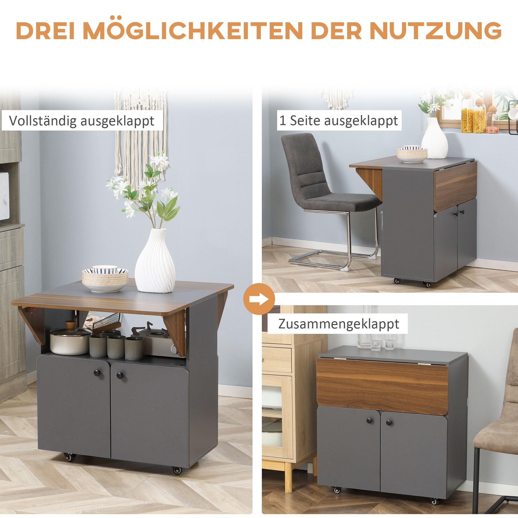 HOMCOM Klapptisch mit 2 umklappbaren Tischseiten grau, natur 70L x 83B x 75H cm