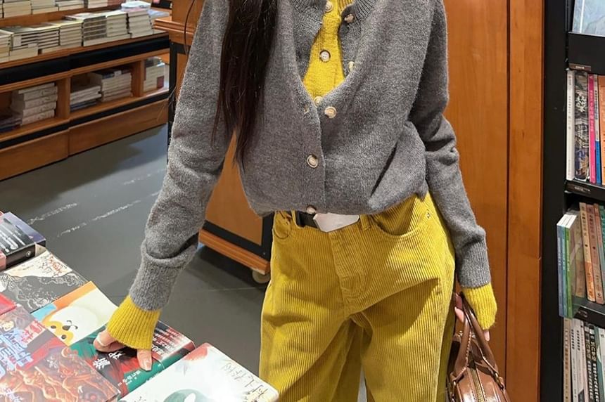 Soswift - Mock Two-Piece Crew Neck Two Tone Button-Up Crop Cardigan / High Waist Plain Corduroy Wide Leg Pants