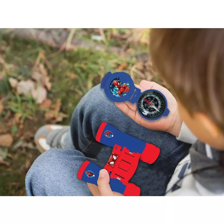 LEXIBOOK Spider-Man Abenteuerset mit 2  Walkie Talkies bis zu 120m, Fernglas, Taschenlampe und Kompass